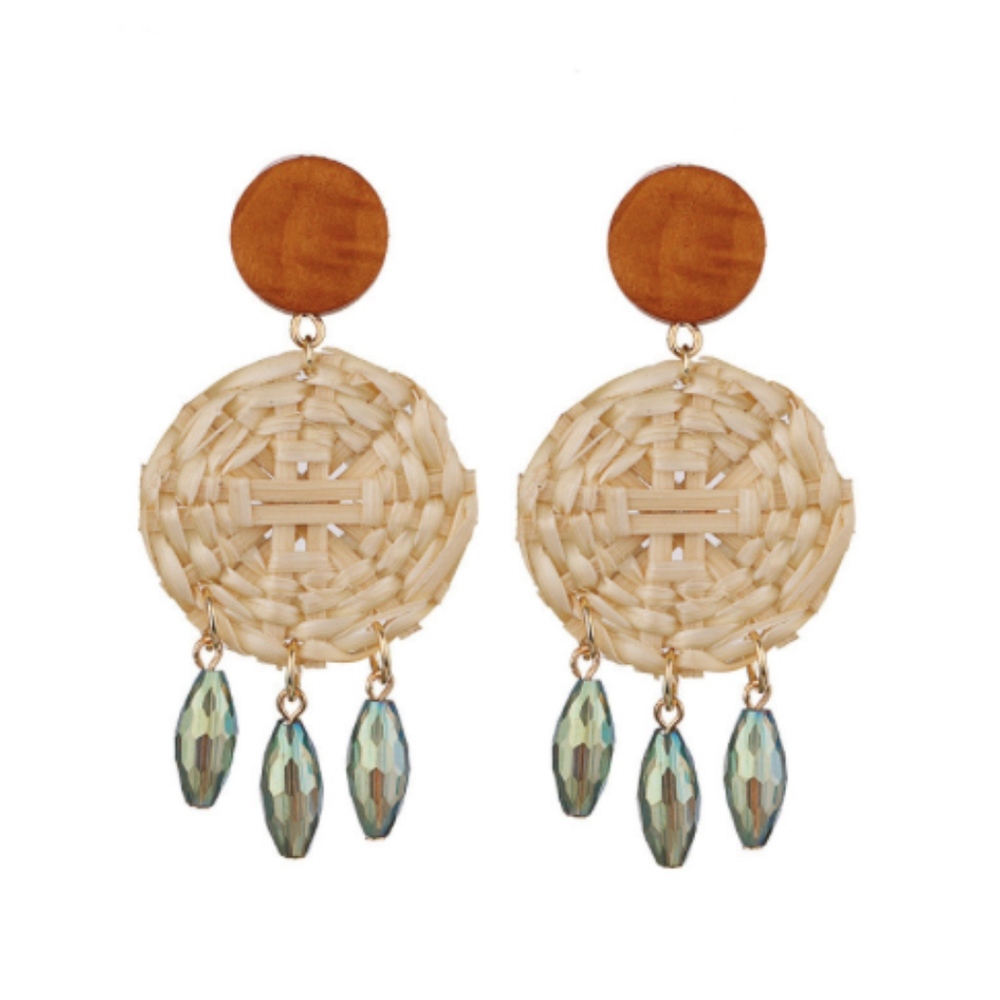 Woven Rattan Geometric Bead Dangle Earring - Picture 4 of 5